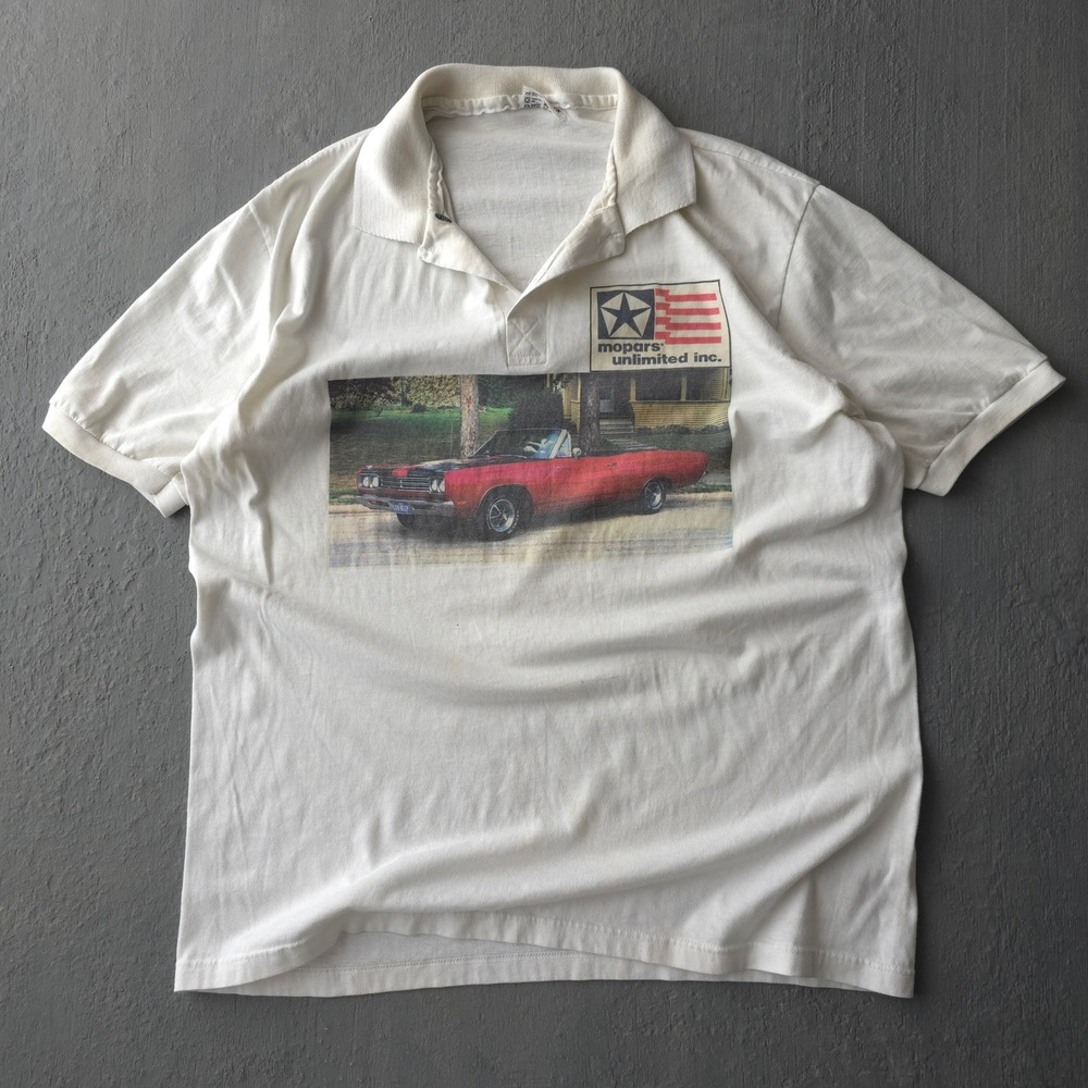 Vintage 80s Stedman White Polo T-shirt XL Mopars Unlimited Car Graphic
